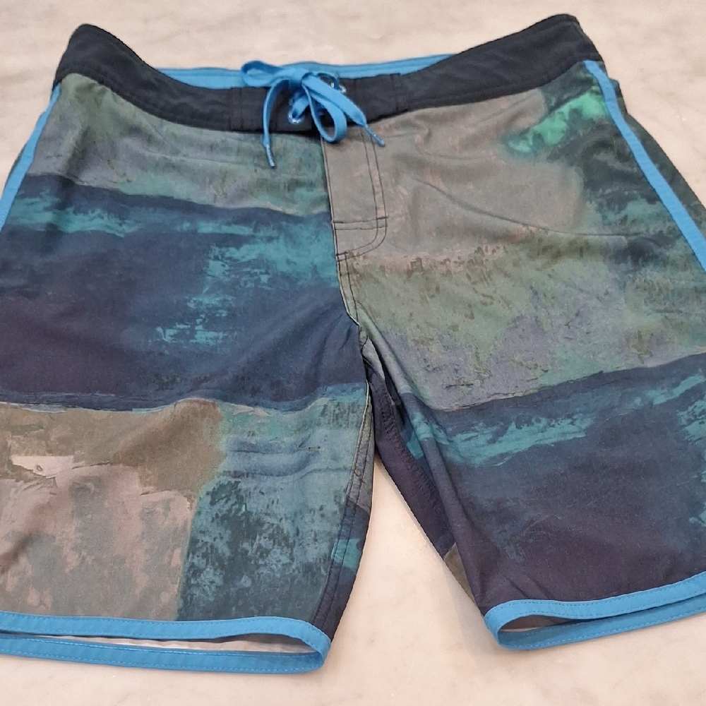Prana Men's Blue Swim Board Shorts Trunks Sz 33 Modern Art‎ Pattern Surf